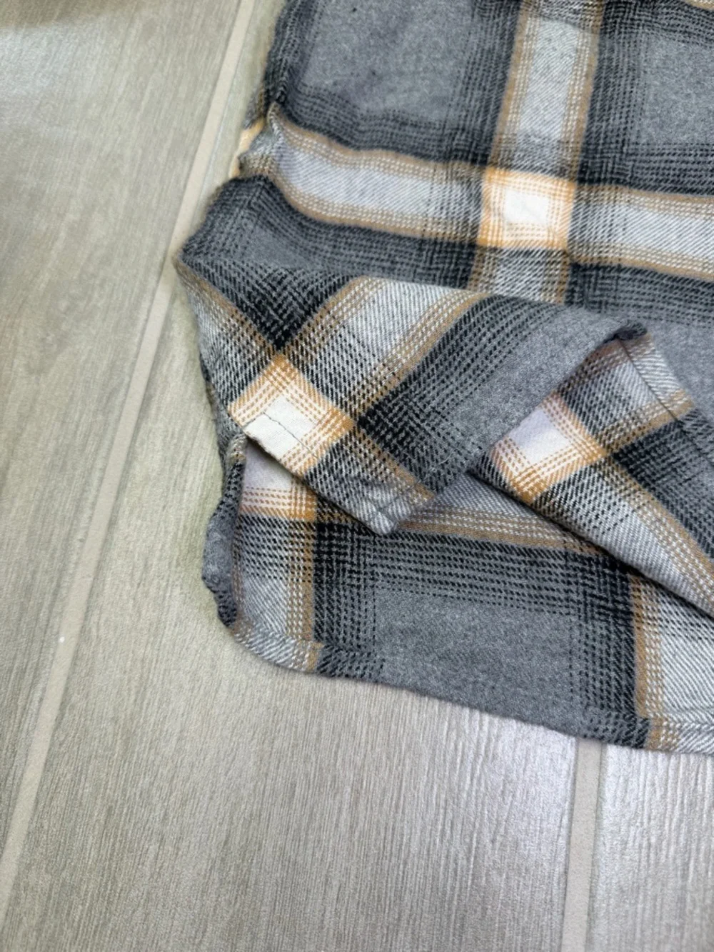 Old Navy Gray Plaid Boyfriend Shirt with Cream and Tan Stripes - Picture 4 of 8